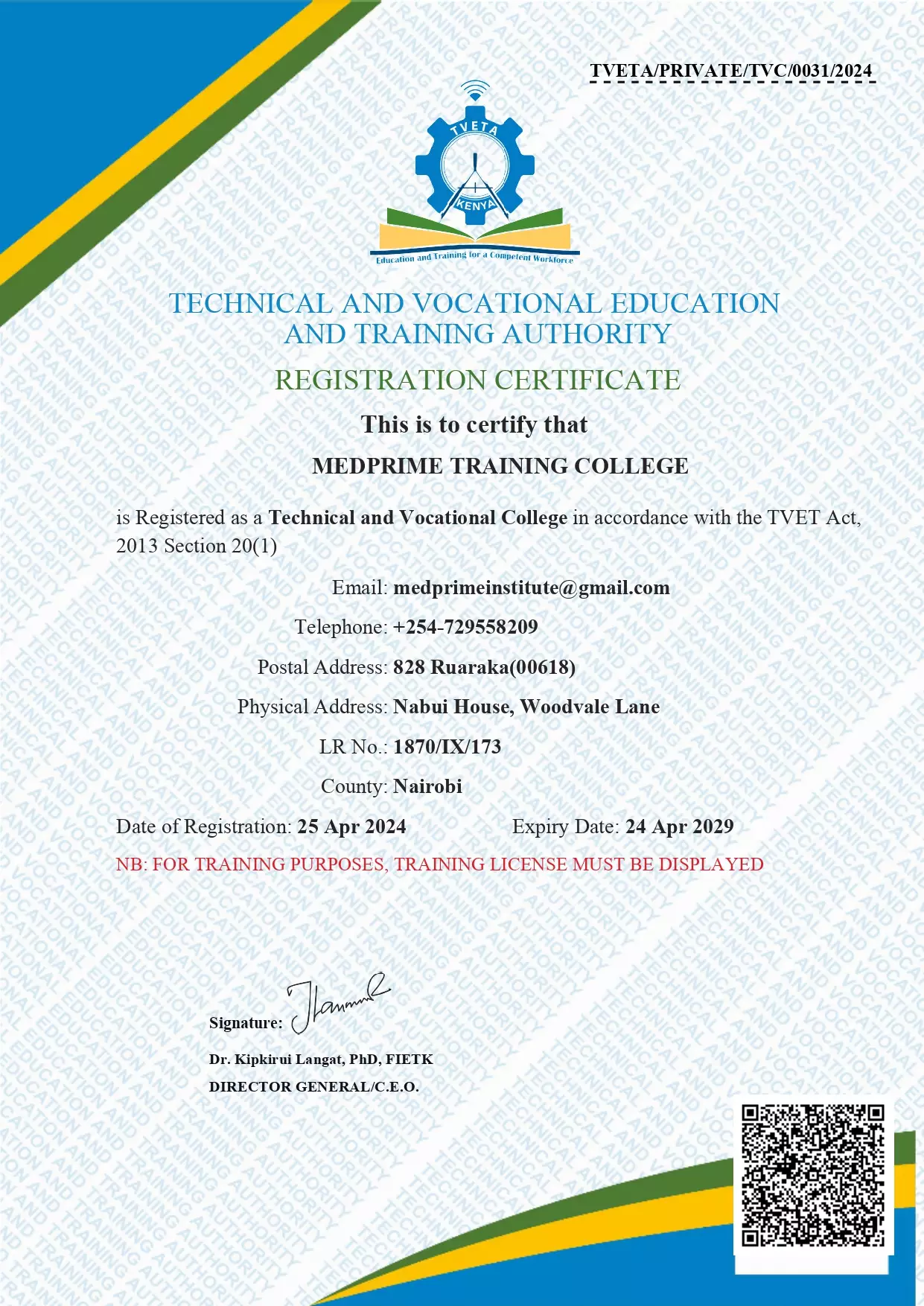 MedPrime TVETA certificate